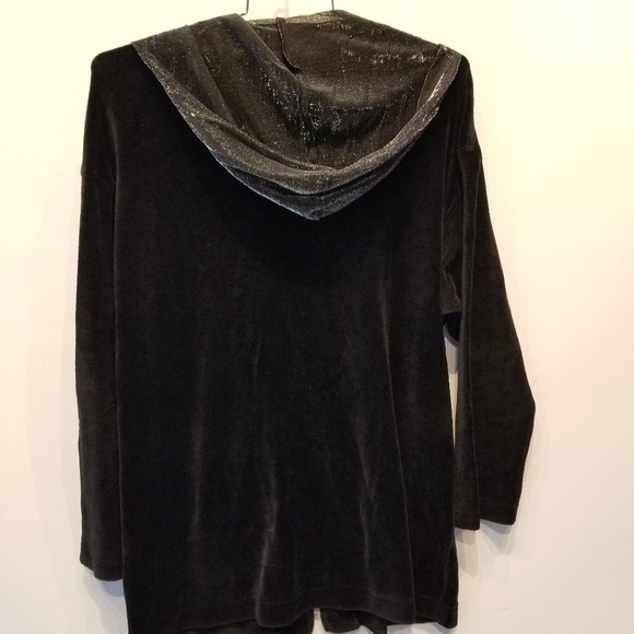 Vintage 90's Black Velour Cardigan Shimmer Hooded Sweatshirt Size M - Picture 8 of 13